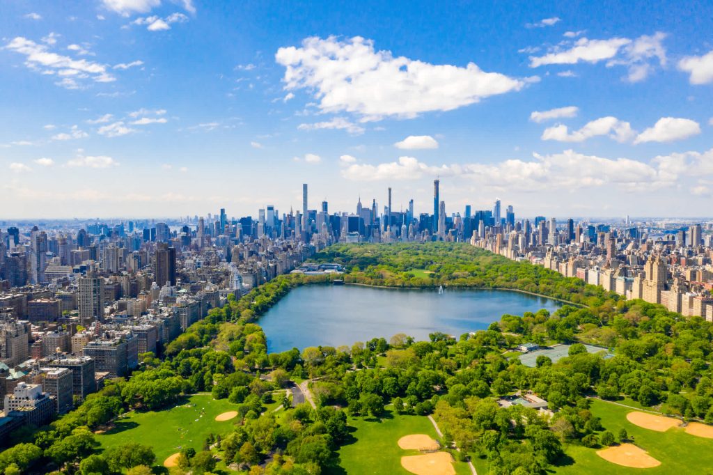 Aerial view of Central Park and Manhattan skyline.