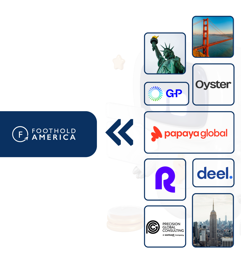 Collage of business logos, landmarks, and digital elements.