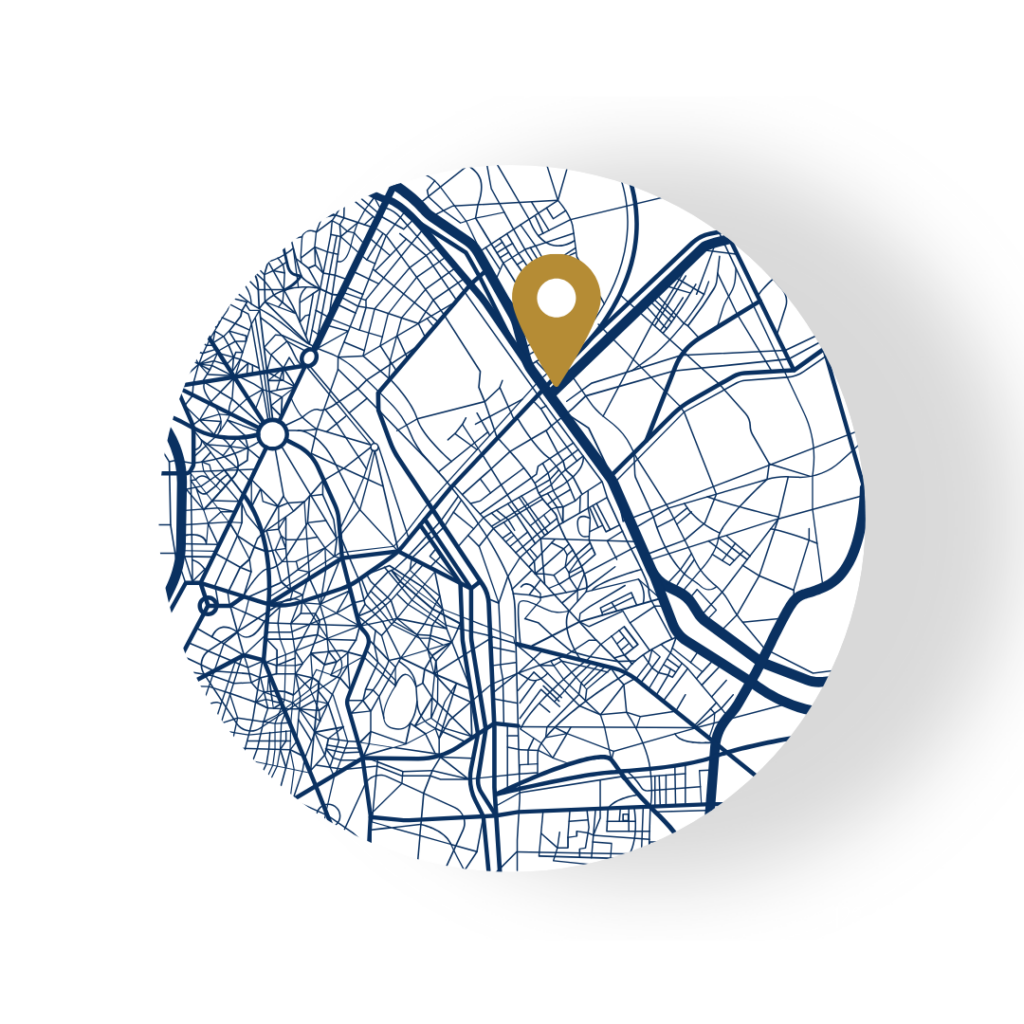 Circular stylized city map with location pin icon.